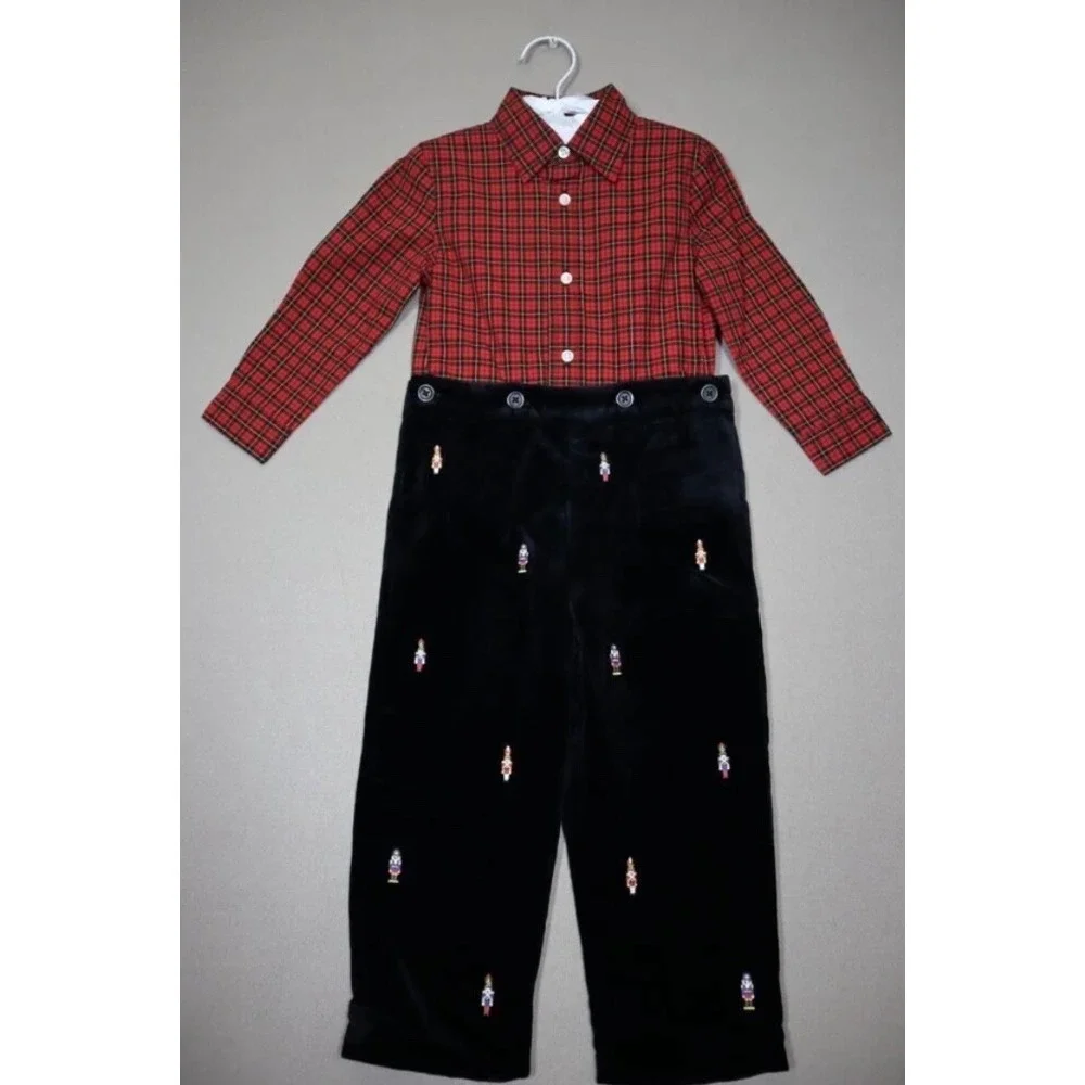 Polo Ralph Lauren Boys Plaid-Print Shirt & Embroidered Velvet Pants Set Size 18M